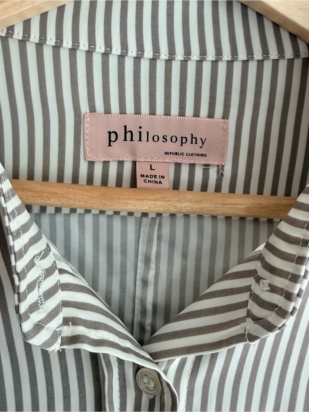 Gray & White Striped Button-Up Dress Shirt Dress, Philosophy size L